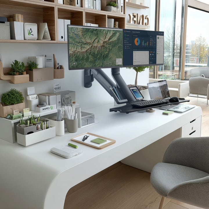3 in 1 Sitz-Steh-Arbeitsplatz: 2-Fach Monitorhalterung Wandhalterung mit Tastatur-Ablage und Computer-Halterung Wandhalterung 17-32" Zoll Gasfeder