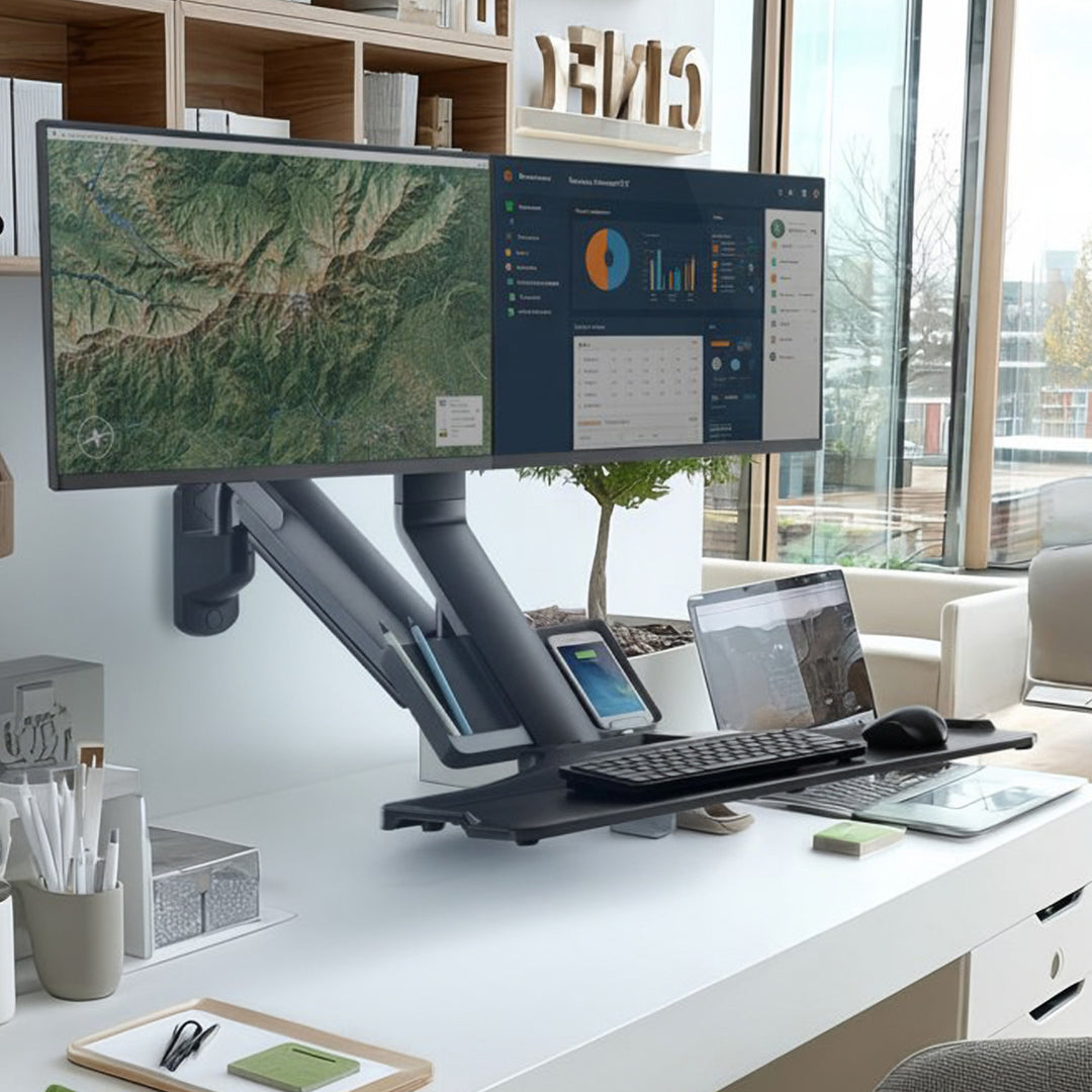 3 in 1 Sitz-Steh-Arbeitsplatz: 2-Fach Monitorhalterung Wandhalterung mit Tastatur-Ablage und Computer-Halterung Wandhalterung 17-32" Zoll Gasfeder
