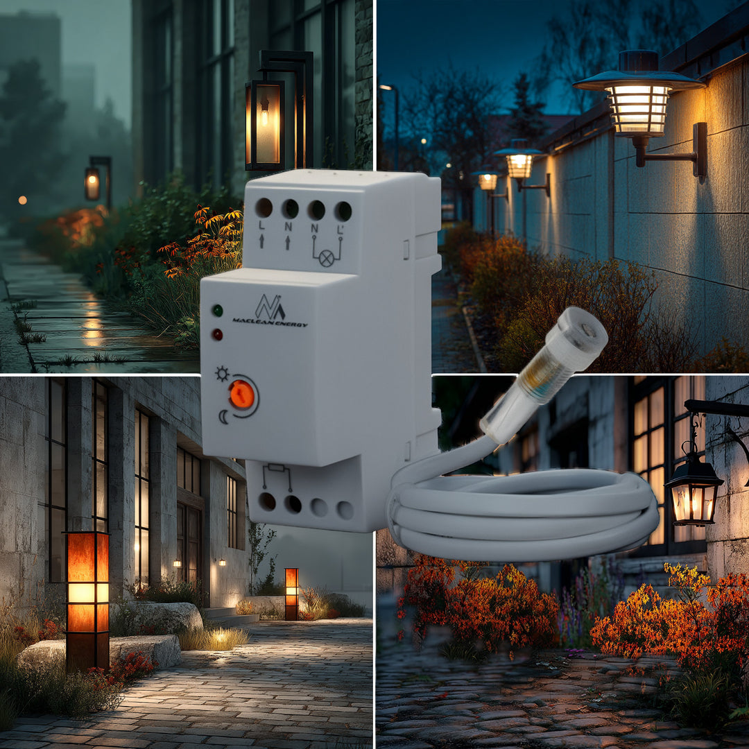 Maclean Dämmerungsschalter, DIN-Schiene, mit externem Fühler, 220-240V/AC, 50Hz, 20A, MCE83