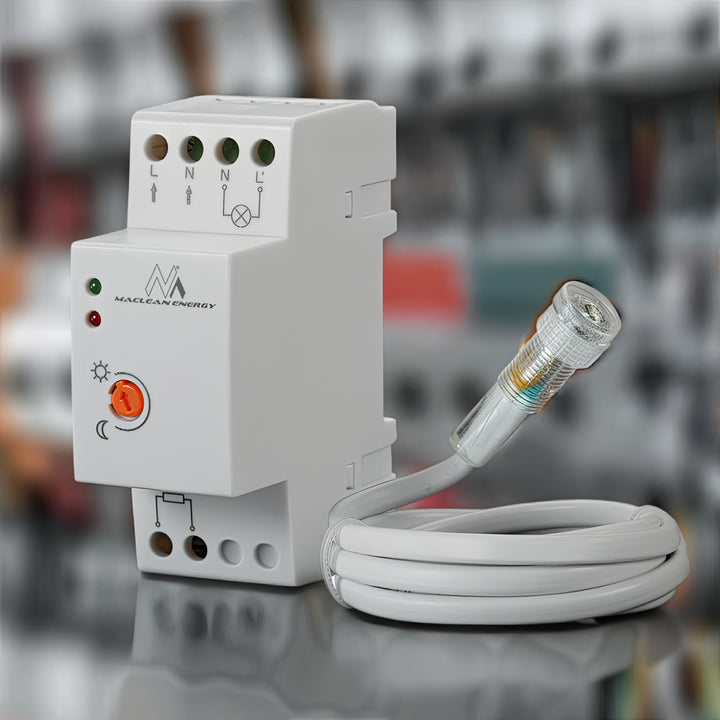 Maclean Dämmerungsschalter, DIN-Schiene, mit externem Fühler, 220-240V/AC, 50Hz, 20A, MCE83