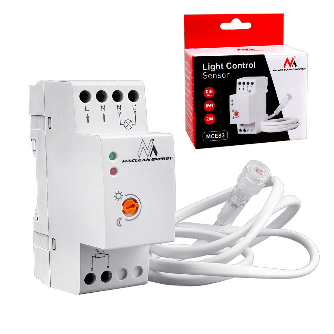 Maclean Dämmerungsschalter, DIN-Schiene, mit externem Fühler, 220-240V/AC, 50Hz, 20A, MCE83