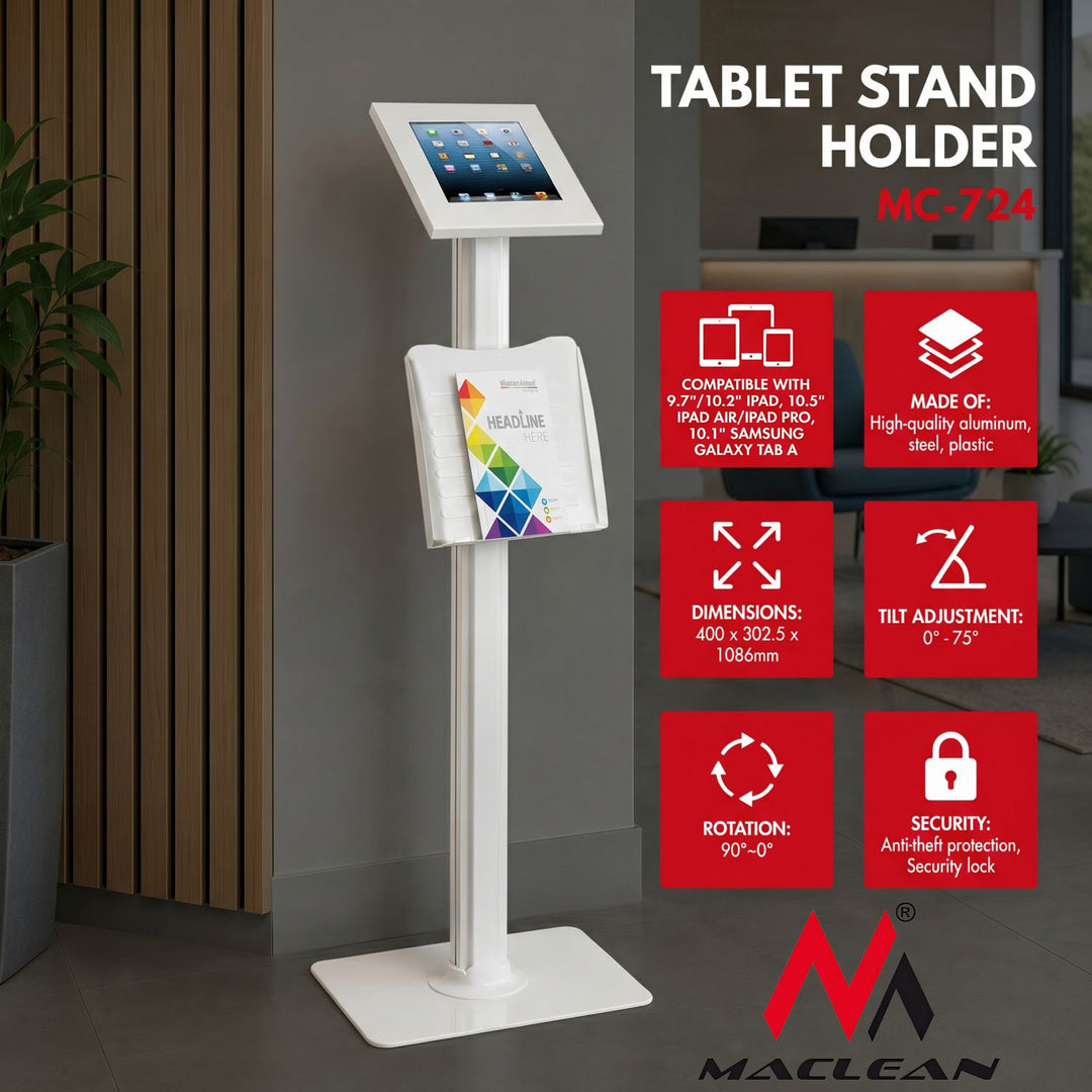 Maclean Tablet-Werbeständer, Bodenständer mit Arretierung, 9.7"/10.2" iPad, 10.5" iPad Air/iPad Pro, 10.1" Samsung Galaxy Tab A (2019), MC-724