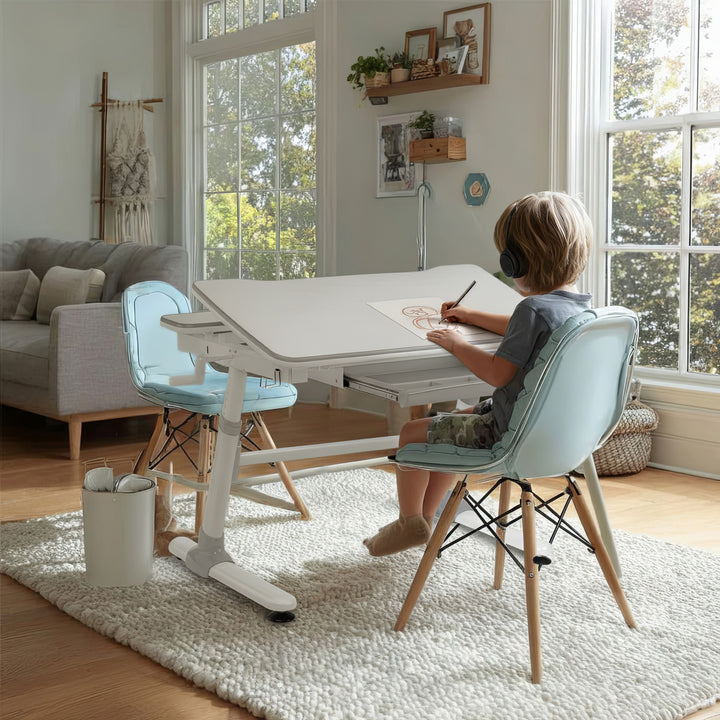 Ergonomischer Kinderschreibtisch mit Höhenverstellung und Neigungsverstellung Kinder-Schultisch bis 100kg Schublade Taschenhaken
