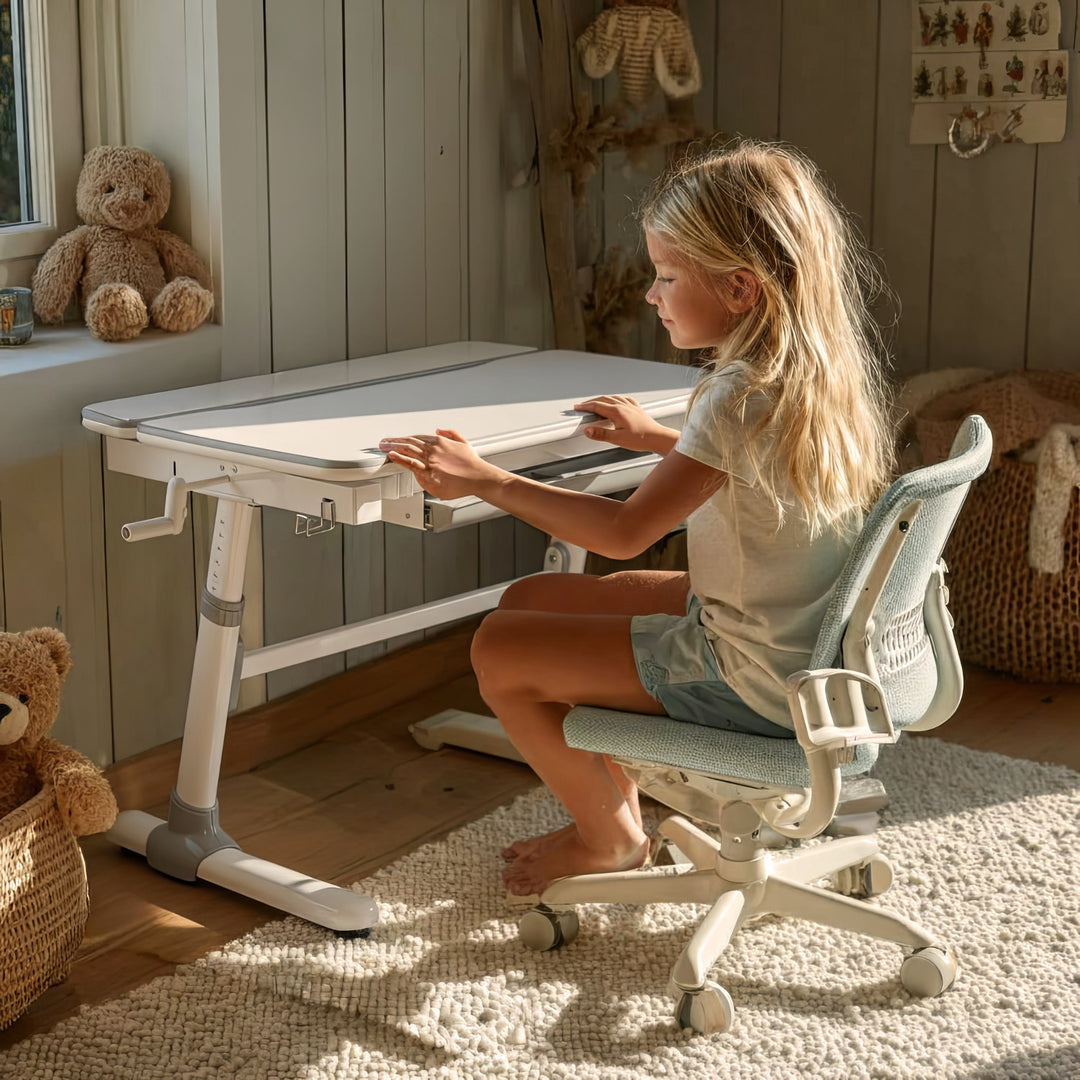 Ergonomischer Kinderschreibtisch mit Höhenverstellung und Neigungsverstellung Kinder-Schultisch bis 100kg Schublade Taschenhaken