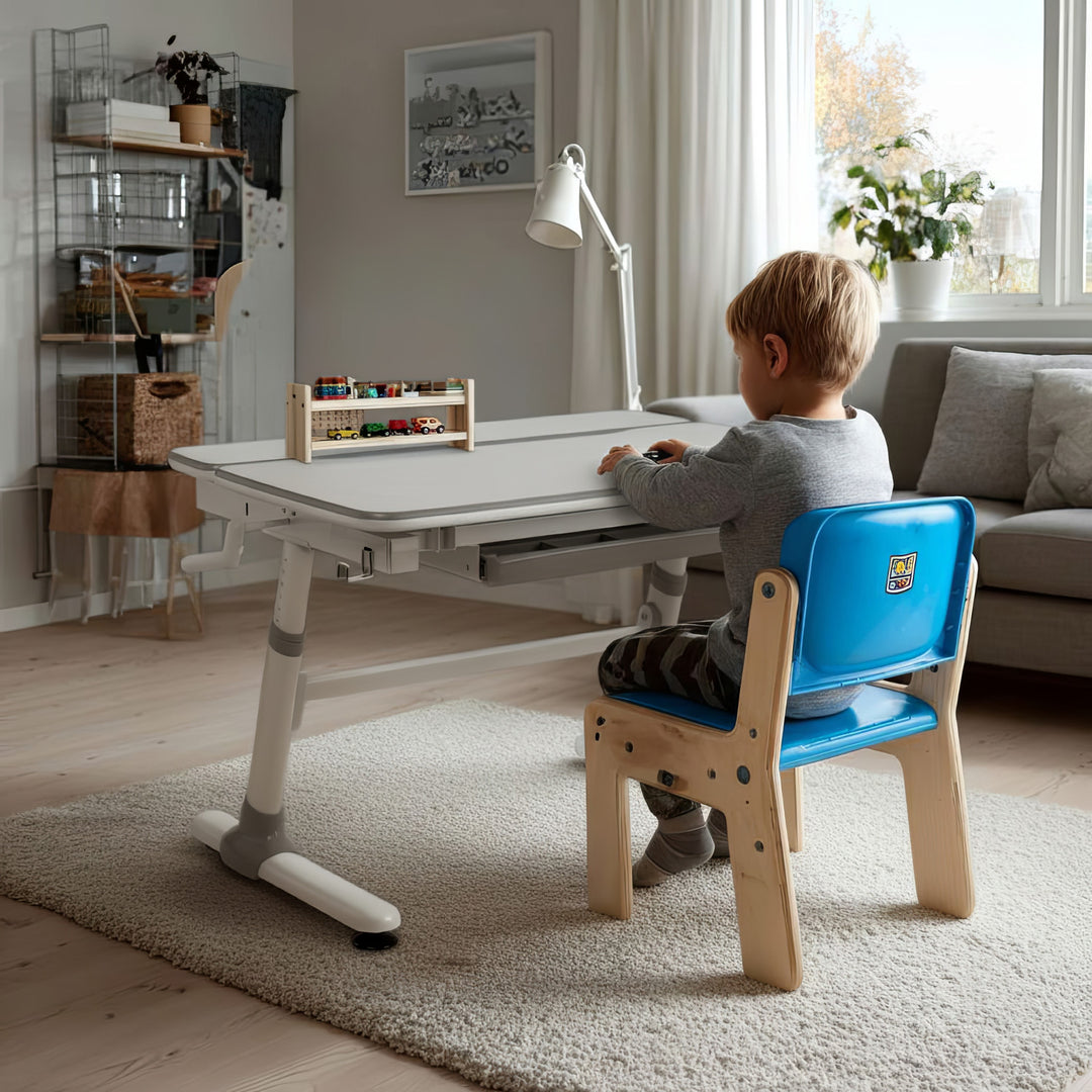 Ergonomischer Kinderschreibtisch mit Höhenverstellung und Neigungsverstellung Kinder-Schultisch bis 100kg Schublade Taschenhaken
