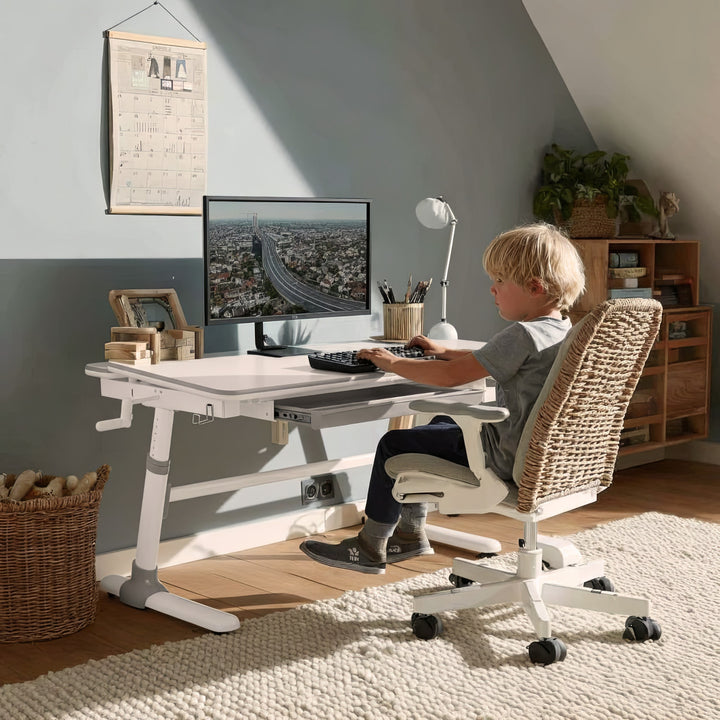Ergonomischer Kinderschreibtisch mit Höhenverstellung und Neigungsverstellung Kinder-Schultisch bis 100kg Schublade Taschenhaken