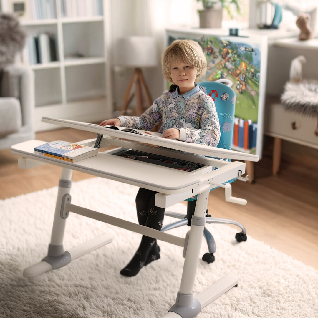 Ergonomischer Kinderschreibtisch mit Höhenverstellung und Neigungsverstellung Kinder-Schultisch bis 100kg Schublade Taschenhaken