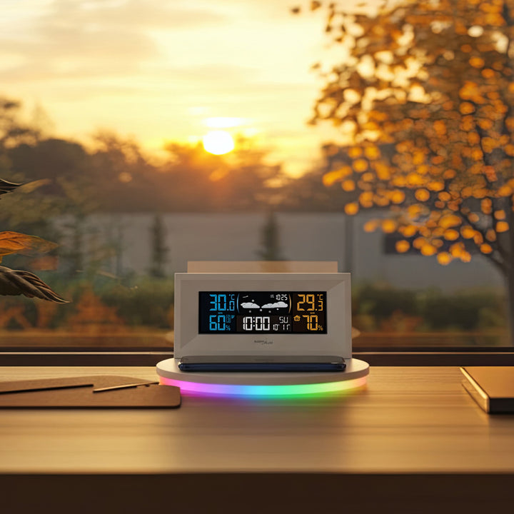 Kabellose Wetterstation mit kabellosem Qi-Ladegerät Stimmungslicht Basis Wettervorhersage Kalender Wecker und Schlummerfunktion Externer Sensor Innen und Außen Thermometer Farbdisplay