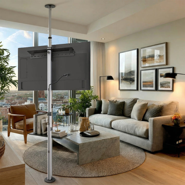 Maclean MC-791N TV Halterung mit Ablage Decken-Bodenbefestigung Teleskophalter OLED QLED LCD LED Plasma Fernseher 37-70 Zoll max. VESA 600x400 bis 30kg
