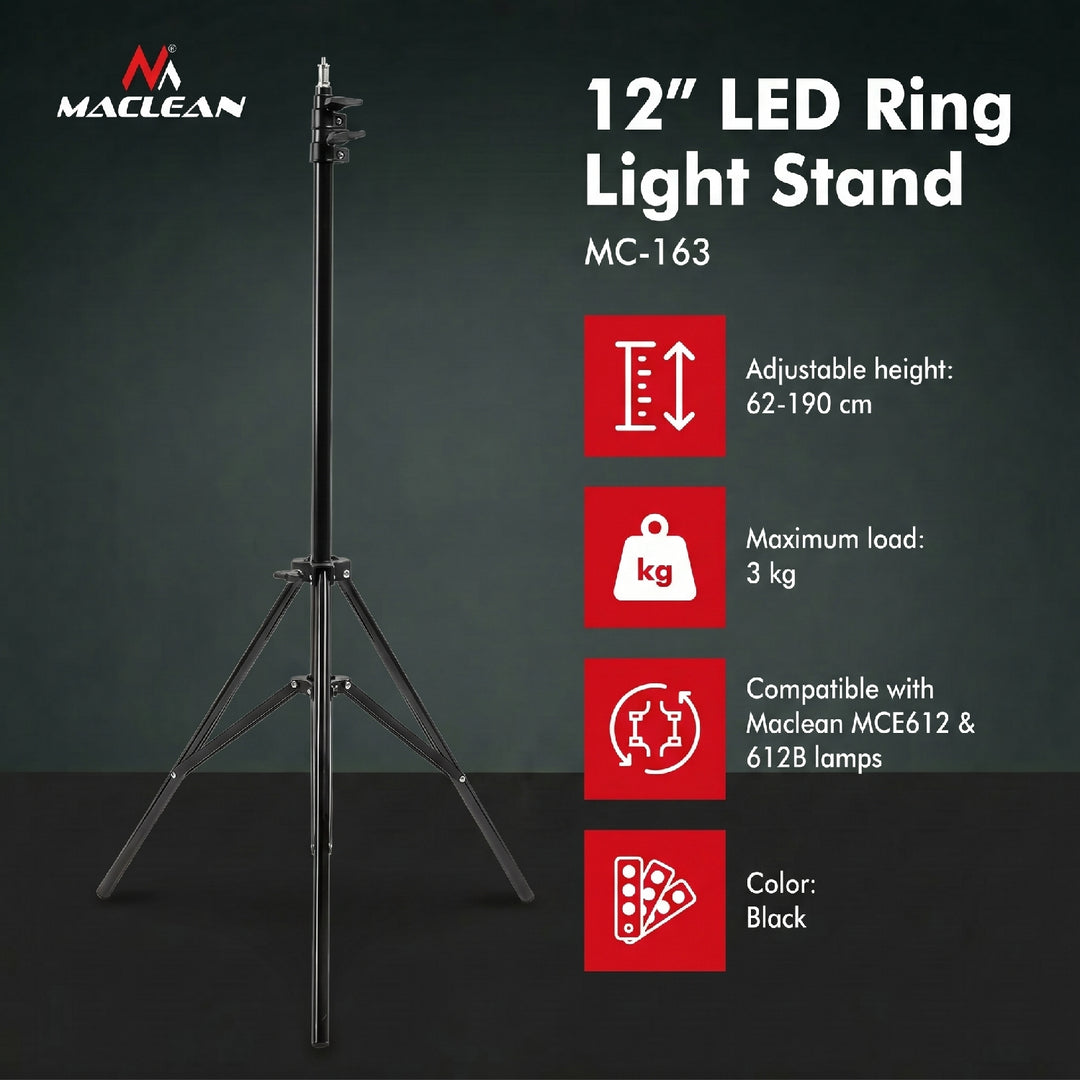 Maclean MC-163 Stativ für 12" Ringlicht Regulierbare Höhe 62-190 cm Beleuchtungsstativ Lampenstativ 3kg Traglast Lichtstativ