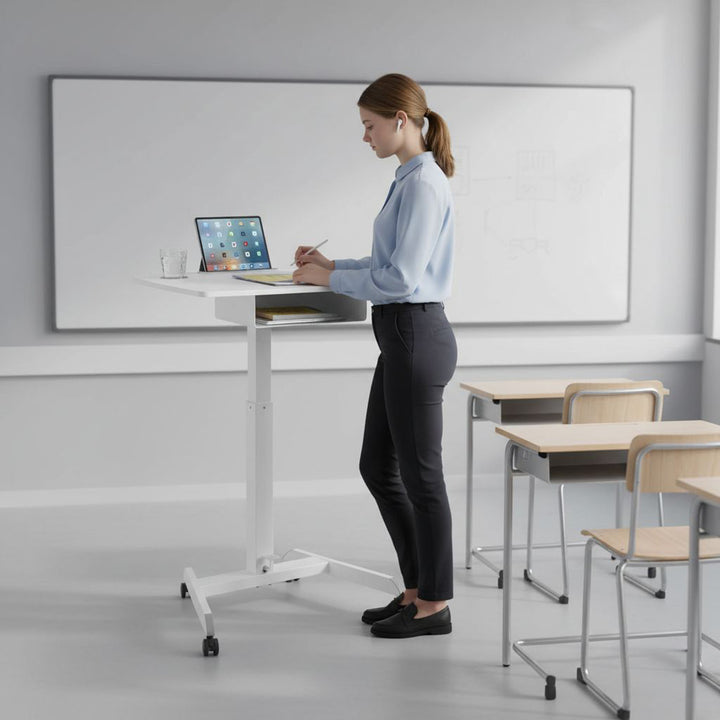Höhenverstellbarer Laptoptisch mit Rollen und mit Einer Schublade Sitz-steh-Schreibtisch Höhenverstellbar bis max. 113cm max. 8kg (Weiß)