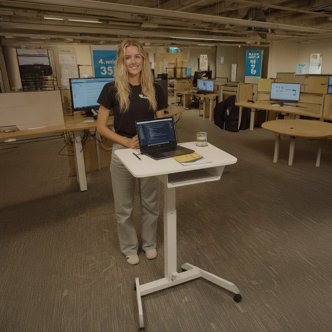 Höhenverstellbarer Laptoptisch mit Rollen und mit Einer Schublade Sitz-steh-Schreibtisch Höhenverstellbar bis max. 113cm max. 8kg (Weiß)