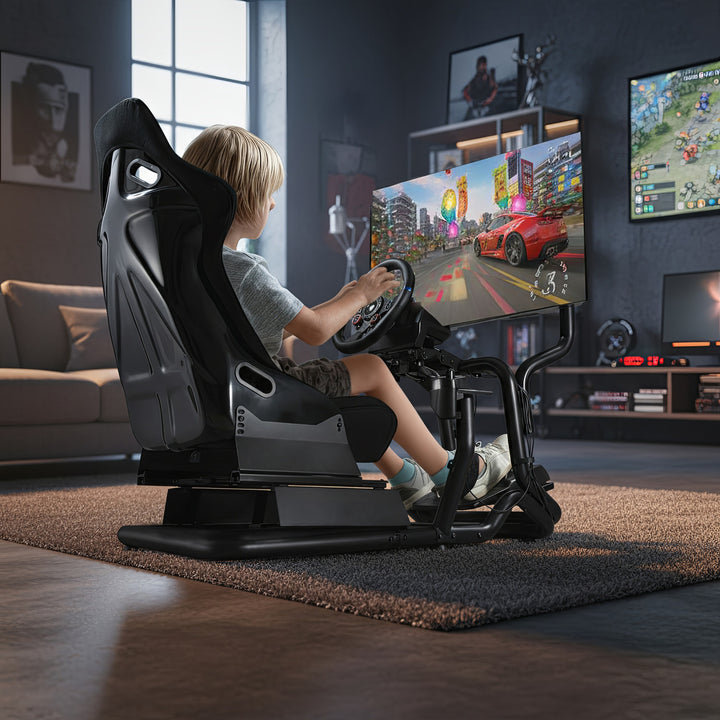 Rennsimulator Cockpit 3 in 1 Spielsitz bis 130kg Schalthebelhalterung Lenkradständer TV-Halterung bis 50" Max. Vesa 400x200 …