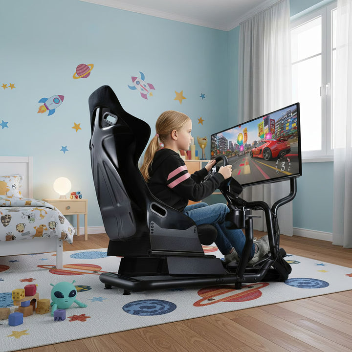 Rennsimulator Cockpit 3 in 1 Spielsitz bis 130kg Schalthebelhalterung Lenkradständer TV-Halterung bis 50" Max. Vesa 400x200 …
