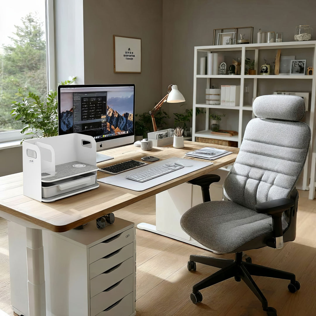 Schreibtisch-Organizer mit kabelloser Qi Aufladung, Schublade und Buchstütze Organizer für Büroutensilien Qi Ladestation Büro-Organizer Büroablage bis 10kg Weiß