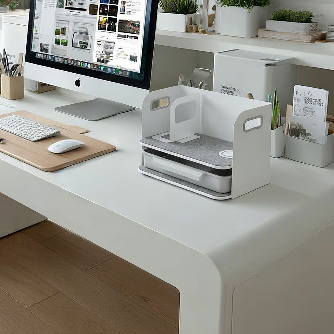 Schreibtisch-Organizer mit kabelloser Qi Aufladung, Schublade und Buchstütze Organizer für Büroutensilien Qi Ladestation Büro-Organizer Büroablage bis 10kg Weiß