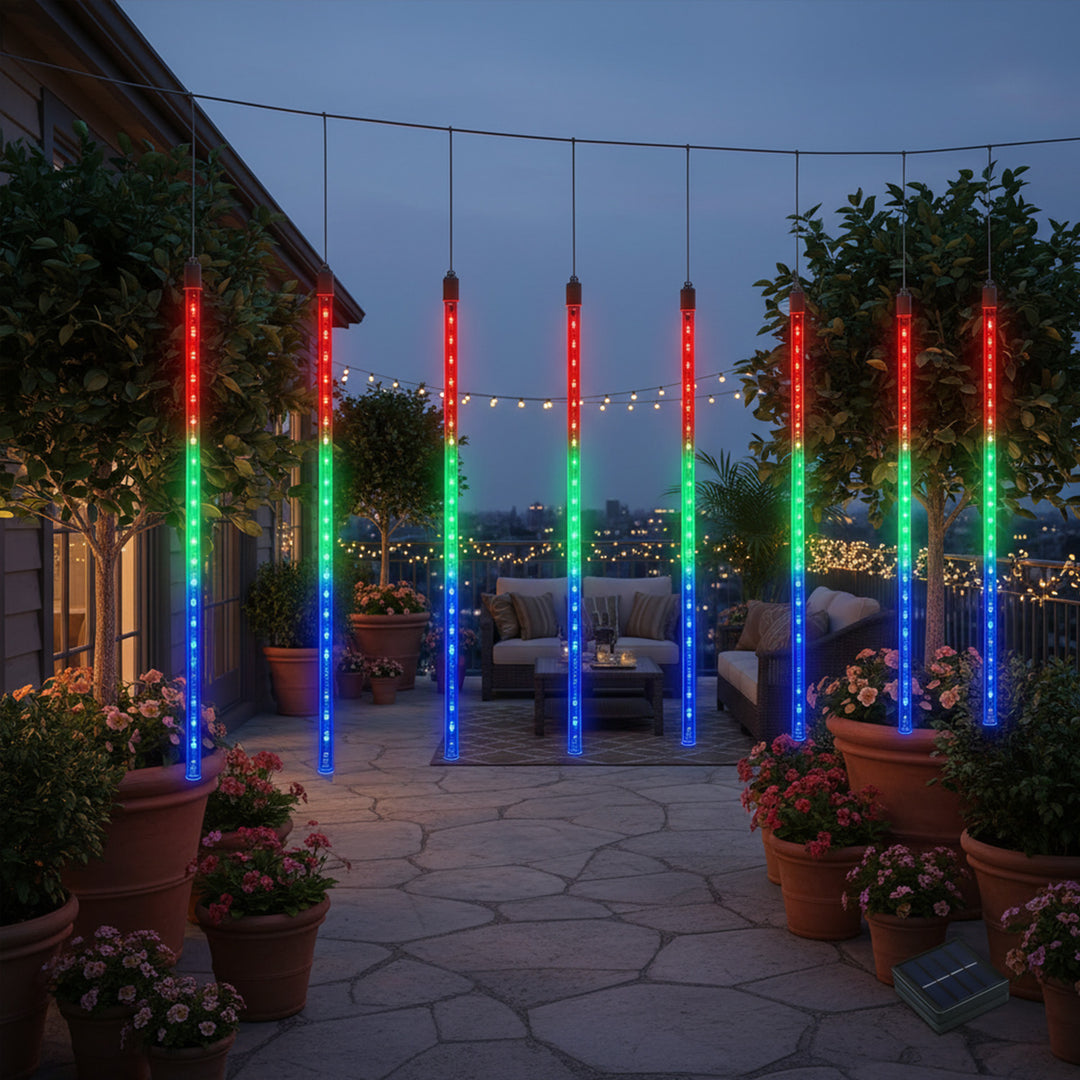 Solar LED Eiszapfen Lichterkette 144 LED 8x Eiszapfen RGB Lichtervorhang 2,4m Weihnachtsbeleuchtung IP44 Dekoration Solarleuchte
