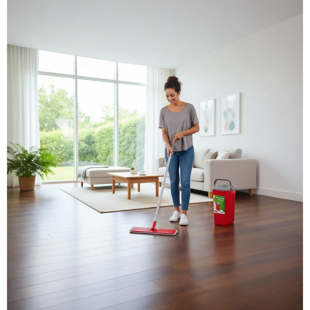 MaxiClean Flachmopp Set mit 2 in 1 Putzeimer 5,7L Wischmop Set Bodenwischer Mopp Mop Reinigungssystem Reiniger 360° Drehbarer Moppkopf
