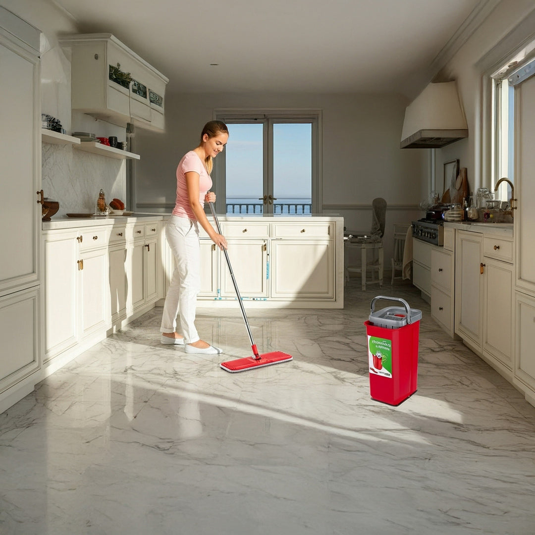 MaxiClean Flachmopp Set mit 2 in 1 Putzeimer 5,7L Wischmop Set Bodenwischer Mopp Mop Reinigungssystem Reiniger 360° Drehbarer Moppkopf