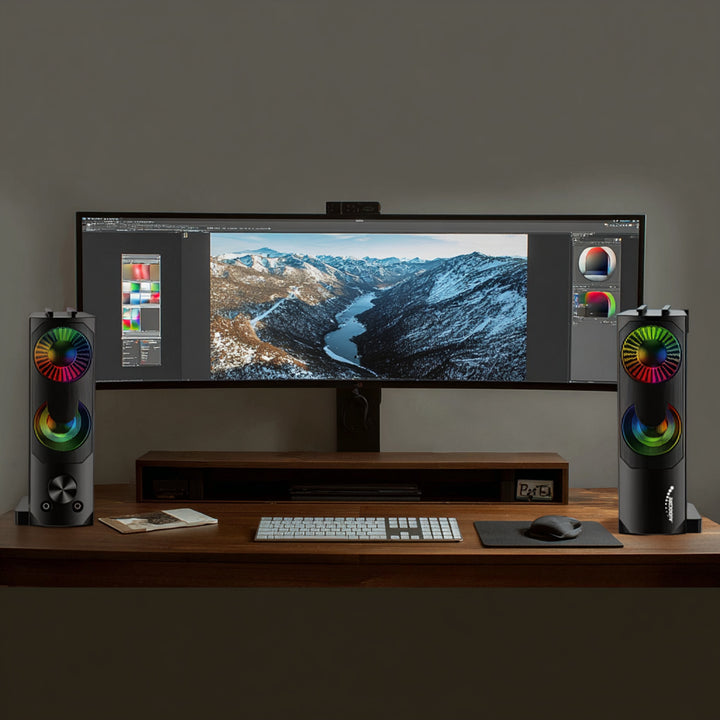 2 in 1 2.0 PC-Lautsprecher mit Soundbar Funktion RGB-Hintergrundbeleuchtung Stereo-Lautsprecher 2x3W RMS AUX 3,5 mm USB-Stromversorgung