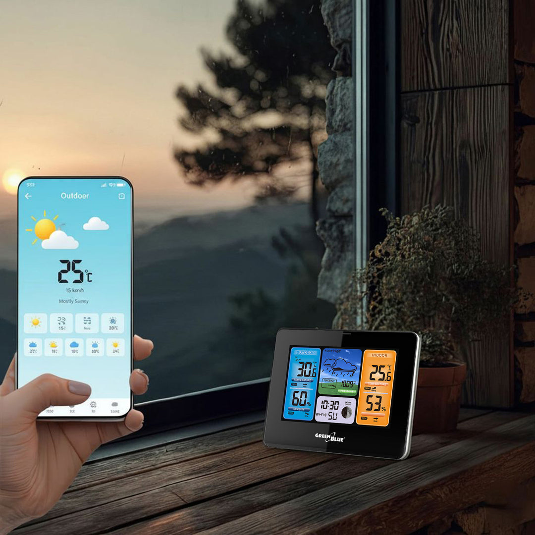 Wetterstation Wettervorhersage WiFi App TUYA Display 7 Sprachen Mondphasenanzeige IPX4 GreenBlue