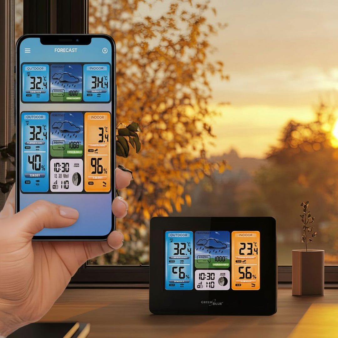 Wetterstation Wettervorhersage WiFi App TUYA Display 7 Sprachen Mondphasenanzeige IPX4 GreenBlue