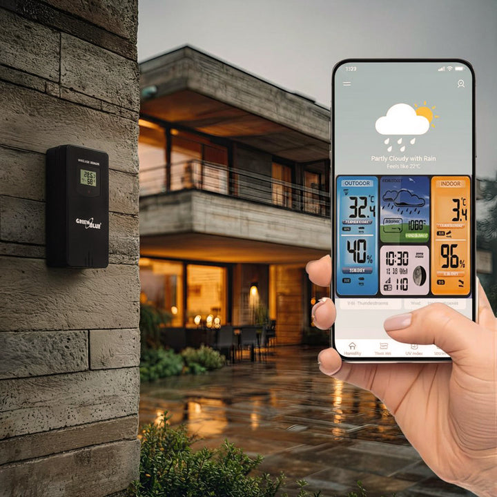 Wetterstation Wettervorhersage WiFi App TUYA Display 7 Sprachen Mondphasenanzeige IPX4 GreenBlue