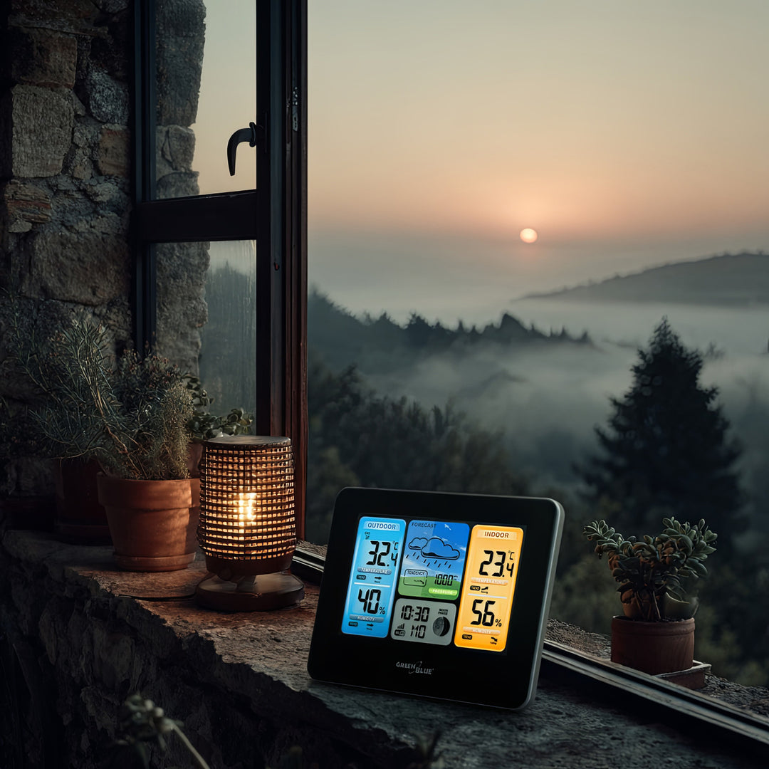 Wetterstation Wettervorhersage WiFi App TUYA Display 7 Sprachen Mondphasenanzeige IPX4 GreenBlue