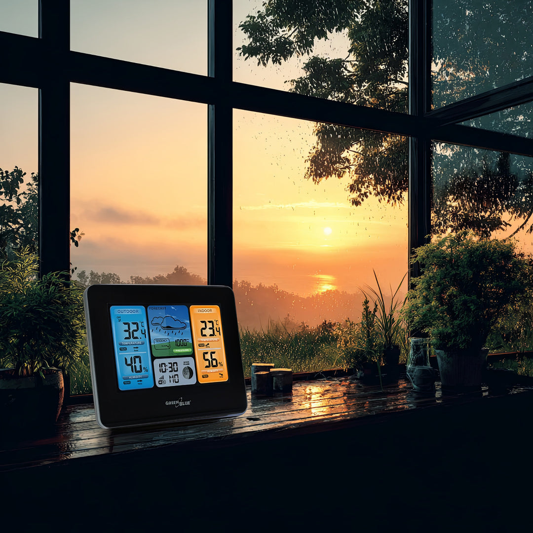 Wetterstation Wettervorhersage WiFi App TUYA Display 7 Sprachen Mondphasenanzeige IPX4 GreenBlue
