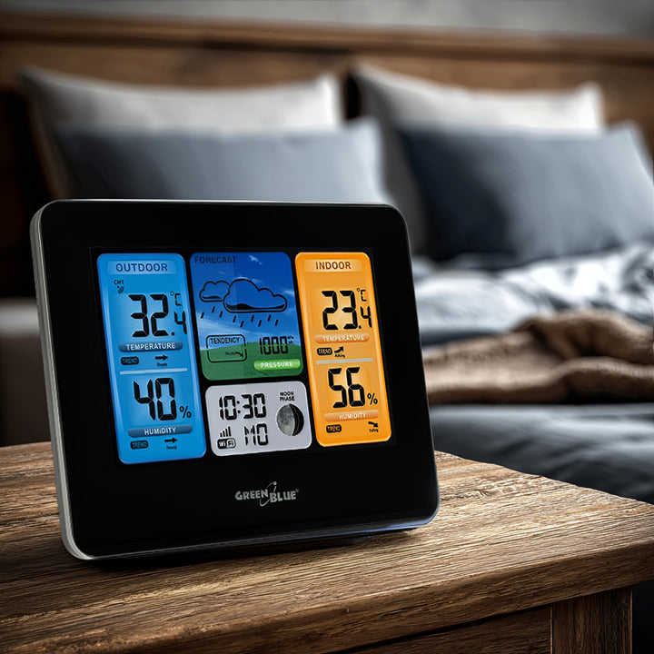 Wetterstation Wettervorhersage WiFi App TUYA Display 7 Sprachen Mondphasenanzeige IPX4 GreenBlue