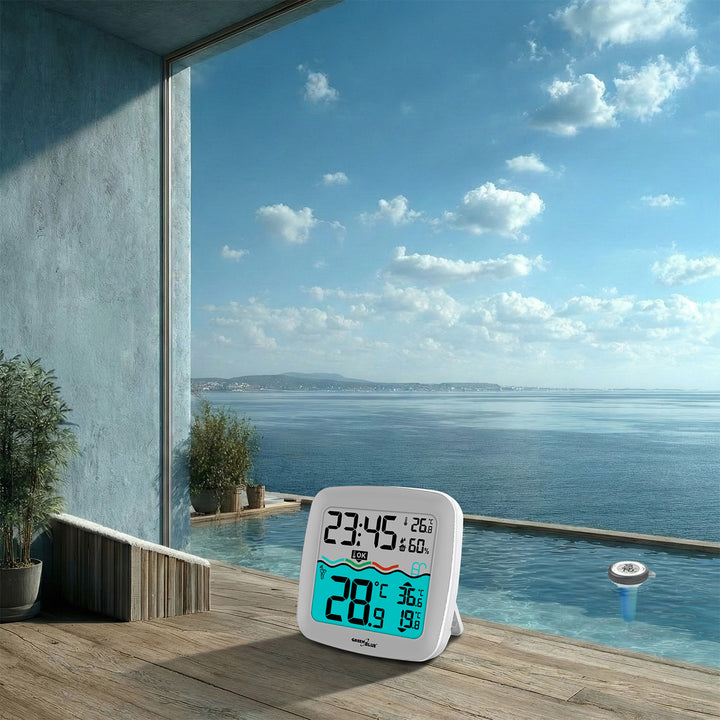 Temperaturstation mit Poolthermometer Digitales Funk-Poolthermometer Schwimmendes Thermometer Pool SPA DCF-Funkuhrfunktion