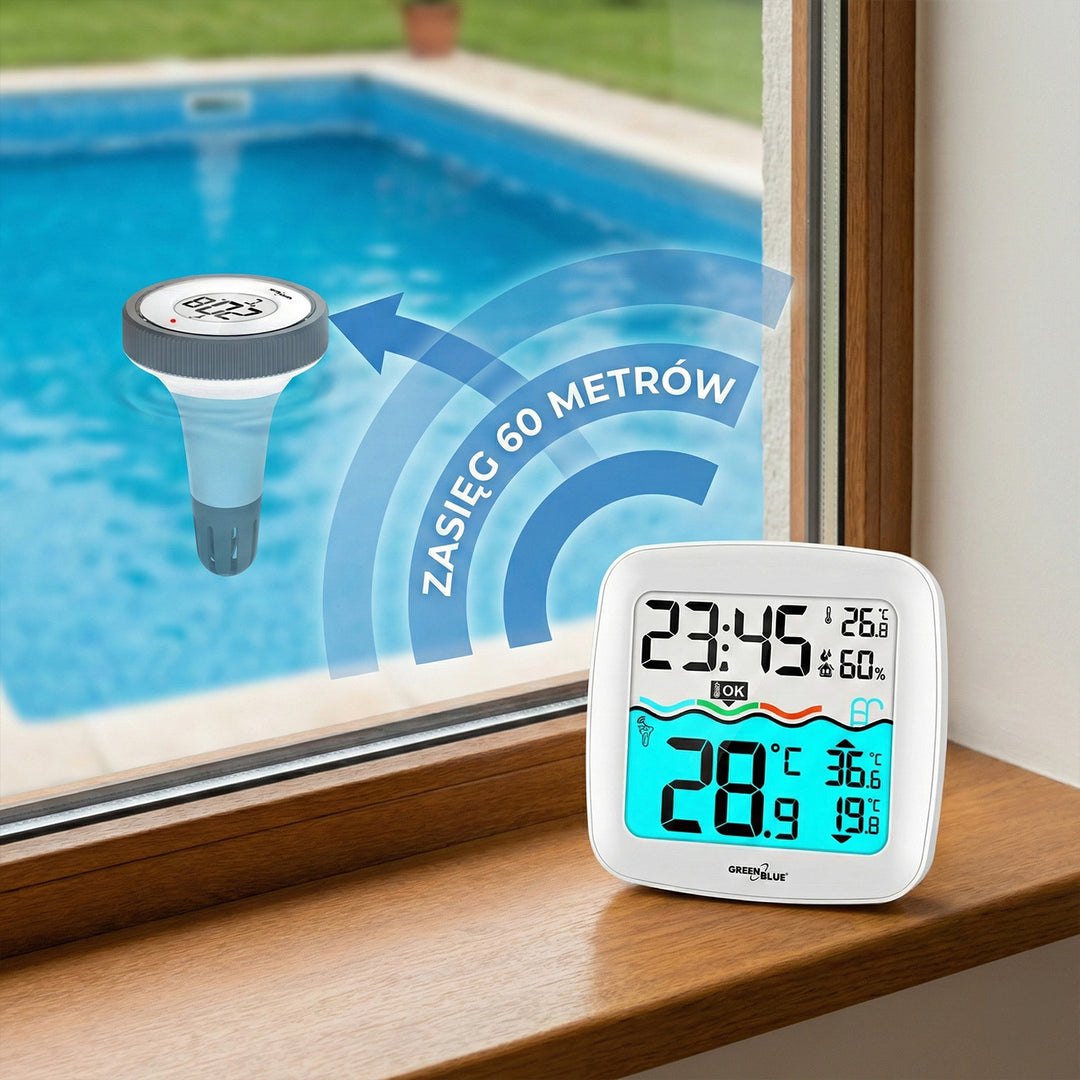 Temperaturstation mit Poolthermometer Digitales Funk-Poolthermometer Schwimmendes Thermometer Pool SPA DCF-Funkuhrfunktion