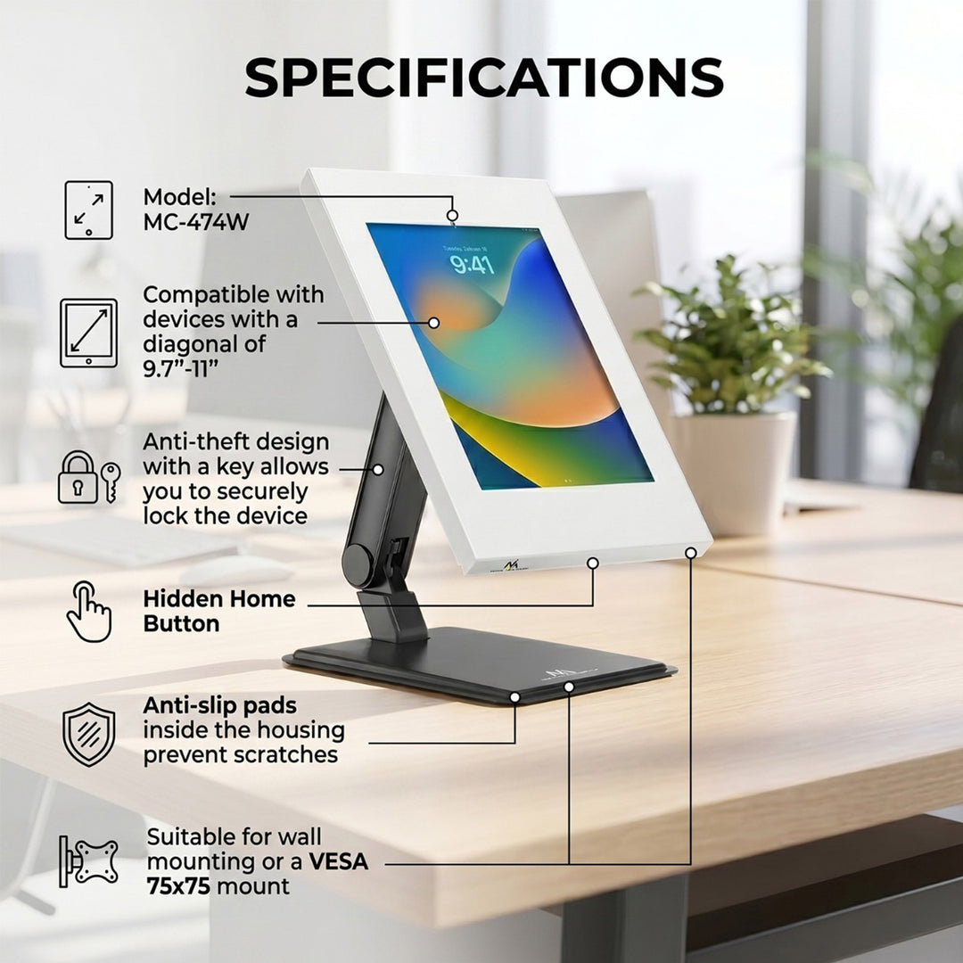 Tablet Wandhalterung mit Diebstalschutz Universal-Halterung Kompatibel mit 9.7"-11", iPad/iPad Air/iPad Pro, Samsung Galaxy Tab A/Tab A7/Tab S6 Lite VESA-Montage 75x75 (Weiß)