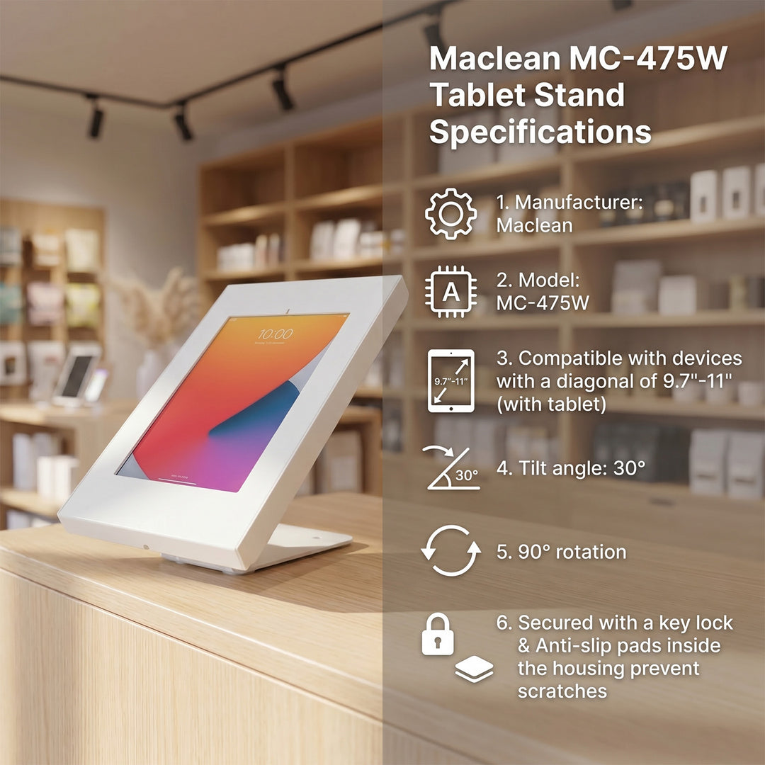 Tablet Halterung mit Diebstalschutz Tisch- oder Wandmontage Kompatibel mit 9.7"-11", iPad/iPad Air/iPad Pro, Samsung Galaxy Tab A/Tab A7/Tab S6 Lite (Weiß)