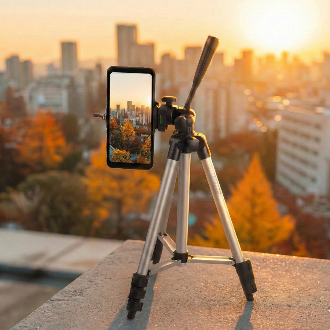 Maclean MC-164 Universelles 1/4"-Stativ mit Telefon Halter und Tragetasche Geeignet für Kameras Camcorder Smartphones Ringlichter Dreibein-Stativ Faltbar Verstellbare Höhe max. 102cm