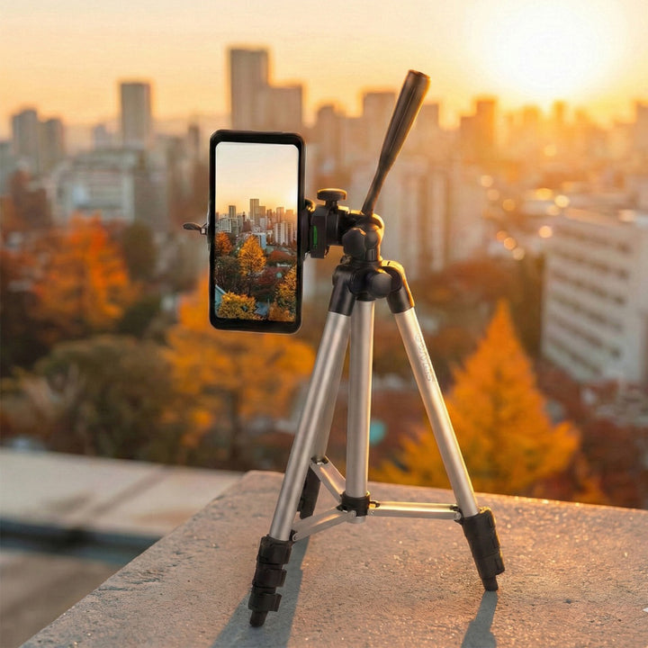 Maclean MC-164 Universelles 1/4"-Stativ mit Telefon Halter und Tragetasche Geeignet für Kameras Camcorder Smartphones Ringlichter Dreibein-Stativ Faltbar Verstellbare Höhe max. 102cm