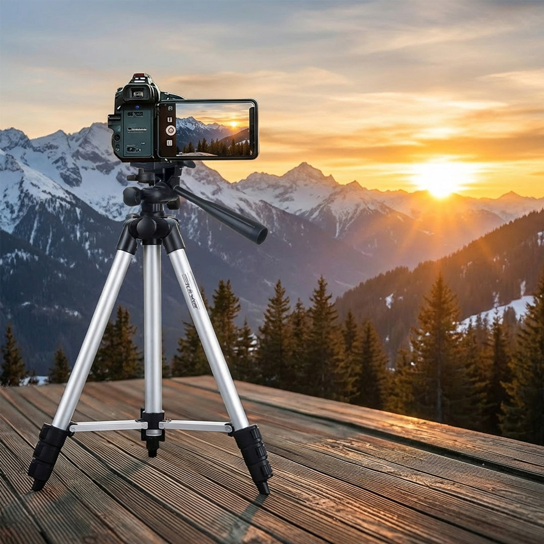 Maclean MC-164 Universelles 1/4"-Stativ mit Telefon Halter und Tragetasche Geeignet für Kameras Camcorder Smartphones Ringlichter Dreibein-Stativ Faltbar Verstellbare Höhe max. 102cm