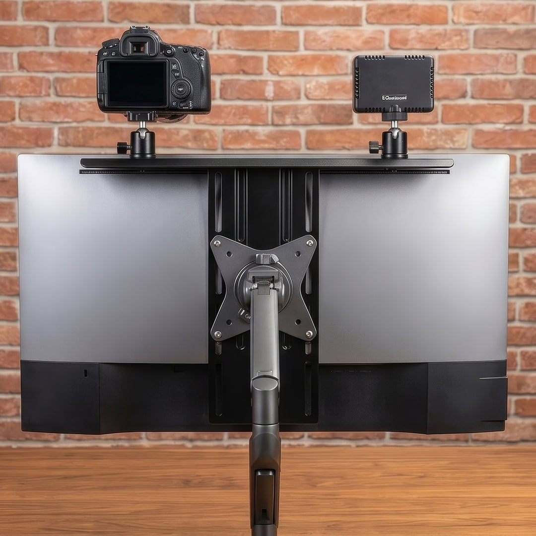 NanoRS RS464 All-in-One VESA Kamerahalterung und Flutlicht Halterung Befestigung an der Rückseite des Monitors oder Monitorarm VESA-Standard: 100x100 Halterung für Kamera Max. Gewicht: 3kg