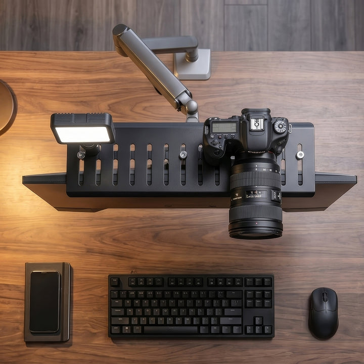 NanoRS RS464 All-in-One VESA Kamerahalterung und Flutlicht Halterung Befestigung an der Rückseite des Monitors oder Monitorarm VESA-Standard: 100x100 Halterung für Kamera Max. Gewicht: 3kg