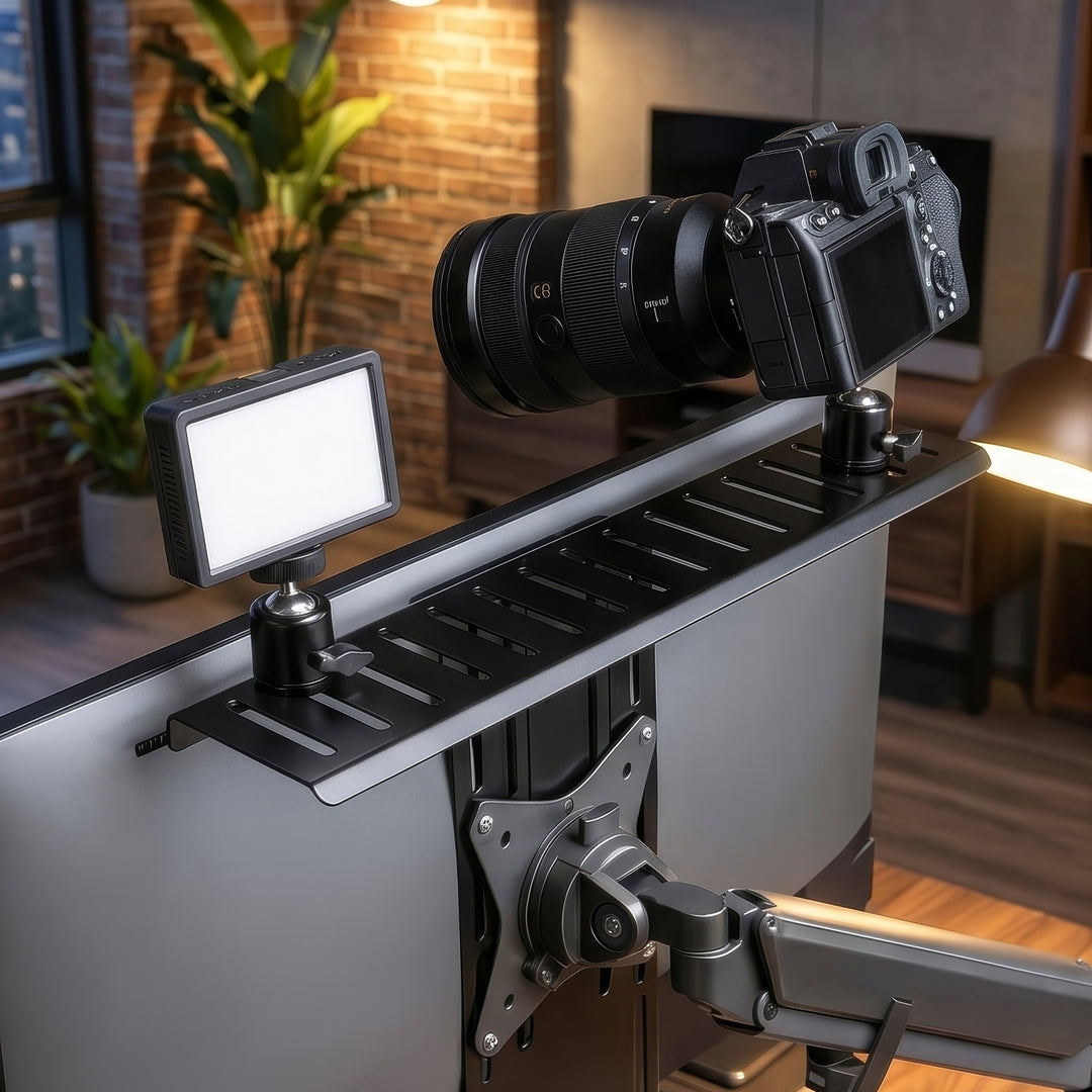 NanoRS RS464 All-in-One VESA Kamerahalterung und Flutlicht Halterung Befestigung an der Rückseite des Monitors oder Monitorarm VESA-Standard: 100x100 Halterung für Kamera Max. Gewicht: 3kg