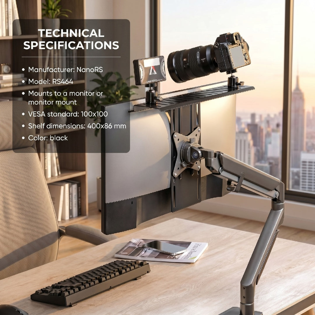 NanoRS RS464 All-in-One VESA Kamerahalterung und Flutlicht Halterung Befestigung an der Rückseite des Monitors oder Monitorarm VESA-Standard: 100x100 Halterung für Kamera Max. Gewicht: 3kg