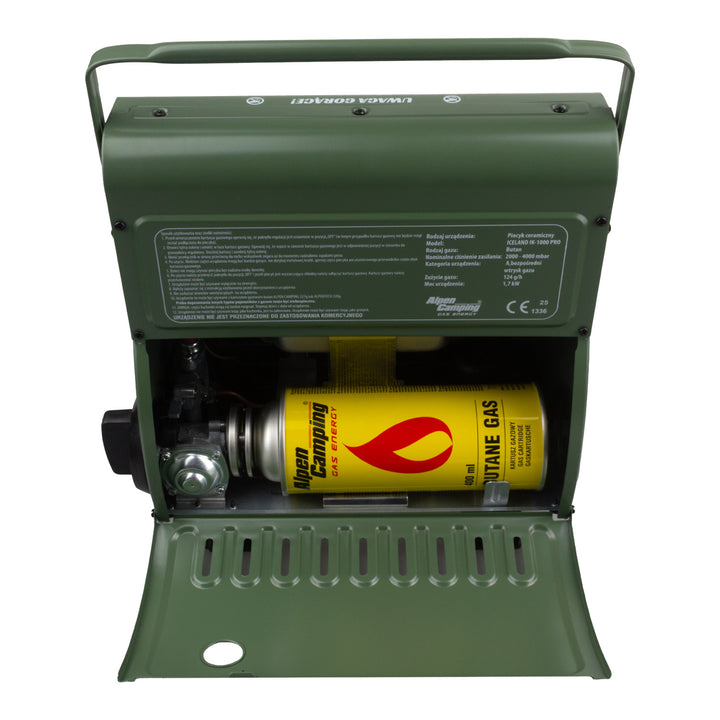 Tragbarer Gasheizer Alpen Camping, Gasverbrauch 124g/h, Piezozündung, IK-1000 PRO, ICELAND + 4 Kartuschen