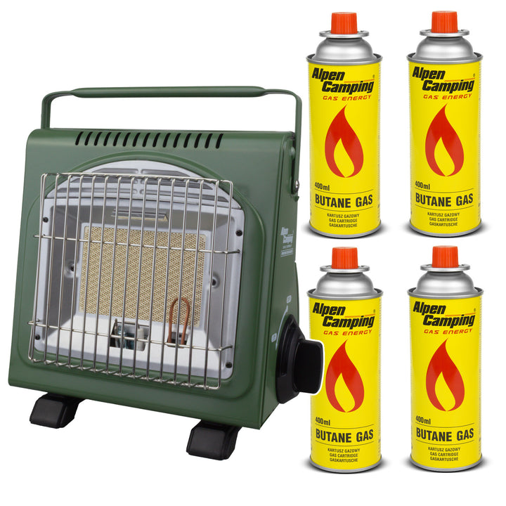 Tragbarer Gasheizer Alpen Camping, Gasverbrauch 124g/h, Piezozündung, IK-1000 PRO, ICELAND + 4 Kartuschen