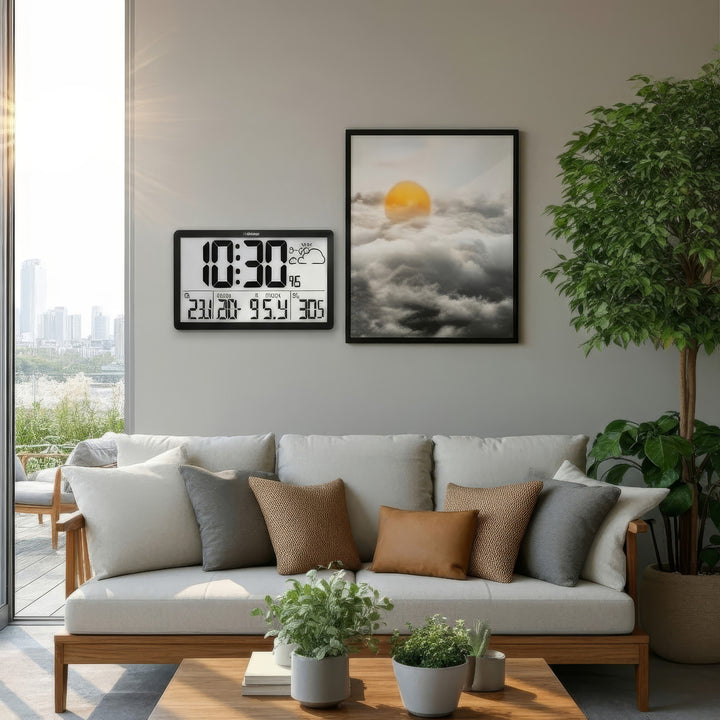 Wetterstation Digitale Wanduhr mit Außensensor, DCF-Uhr, 37x22,5cm Große Wanduhr, Alarm mit Schlummerfunktion, LCD Display, Innen und Außentemperatur, Wettervorhersage