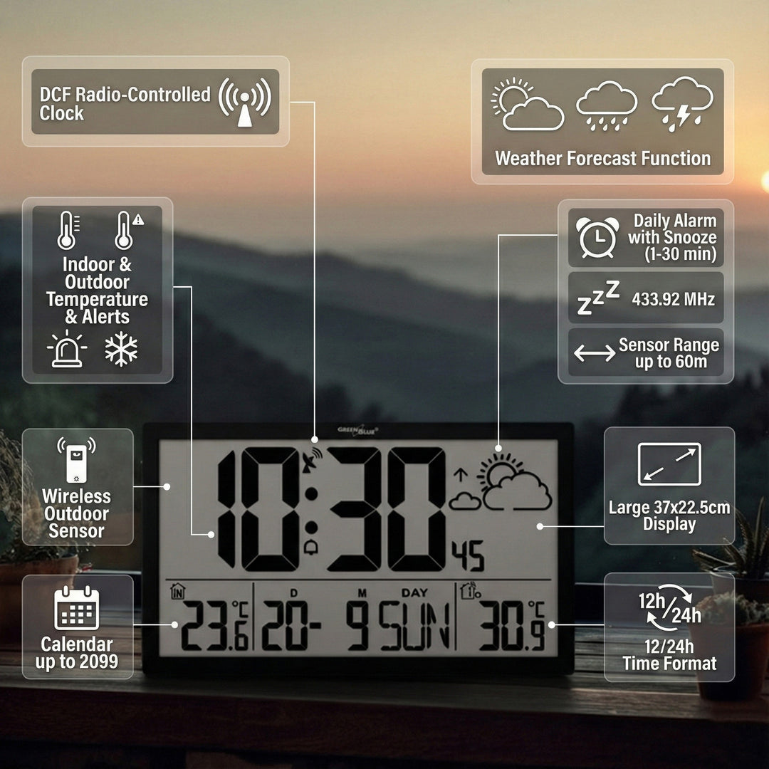 Wetterstation Digitale Wanduhr mit Außensensor, DCF-Uhr, 37x22,5cm Große Wanduhr, Alarm mit Schlummerfunktion, LCD Display, Innen und Außentemperatur, Wettervorhersage