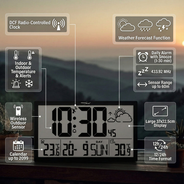 Wetterstation Digitale Wanduhr mit Außensensor, DCF-Uhr, 37x22,5cm Große Wanduhr, Alarm mit Schlummerfunktion, LCD Display, Innen und Außentemperatur, Wettervorhersage