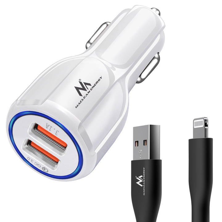 Maclean Autoladegerät, Qualcomm Quick Charge, QC 3.0 - 5V/3A, 9V/1.8A, 12V/1.6A, 5V/3.1A Steckdose mit USB Lightning Kabel