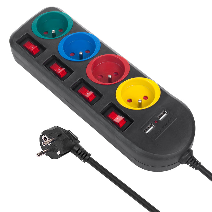 Maclean Steckdosenleiste, 4-Steckdosen-Verlängerungskabel + 2xUSB, mit Schalter, 250VAC/10A, 2,1A 5V, 1,5m, weiß, MCE229B + USB-Kabel MCE471