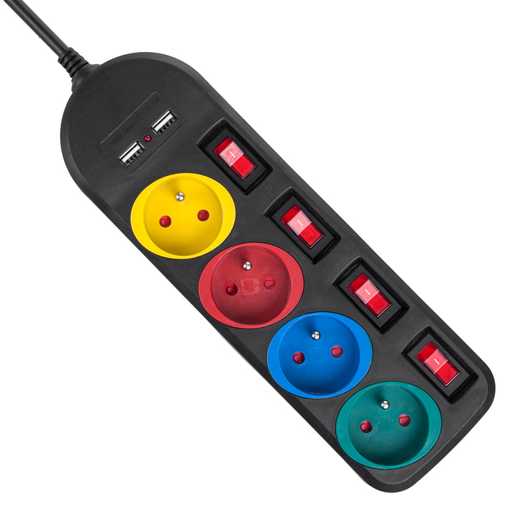 Maclean Steckdosenleiste, 4-Steckdosen-Verlängerungskabel + 2xUSB, mit Schalter, 250VAC/10A, 2,1A 5V, 1,5m, weiß, MCE229B + USB-Kabel MCE471
