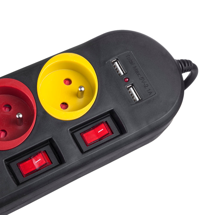 Maclean Steckdosenleiste, 4-Steckdosen-Verlängerungskabel + 2xUSB, mit Schalter, 250VAC/10A, 2,1A 5V, 1,5m, weiß, MCE229B + USB-Kabel MCE471